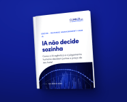 Capa de e-book intitulada “A IA não decide sozinha”, com imagens de gráficos digitais em azul sobre um fundo branco e azul. O subtítulo aborda a IA e o julgamento humano na definição de preços em hotéis.