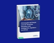 Livro intitulado Otimização de Preços com IA: Tomando decisões mais inteligentes, rápidas e lucrativas com uma capa mostrando uma mão em um laptop e um gráfico digital de IA, em um fundo azul sólido.